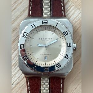 Kenneth Cole Reaction Leather Strap Watch Large Square Case Gold Dial Date